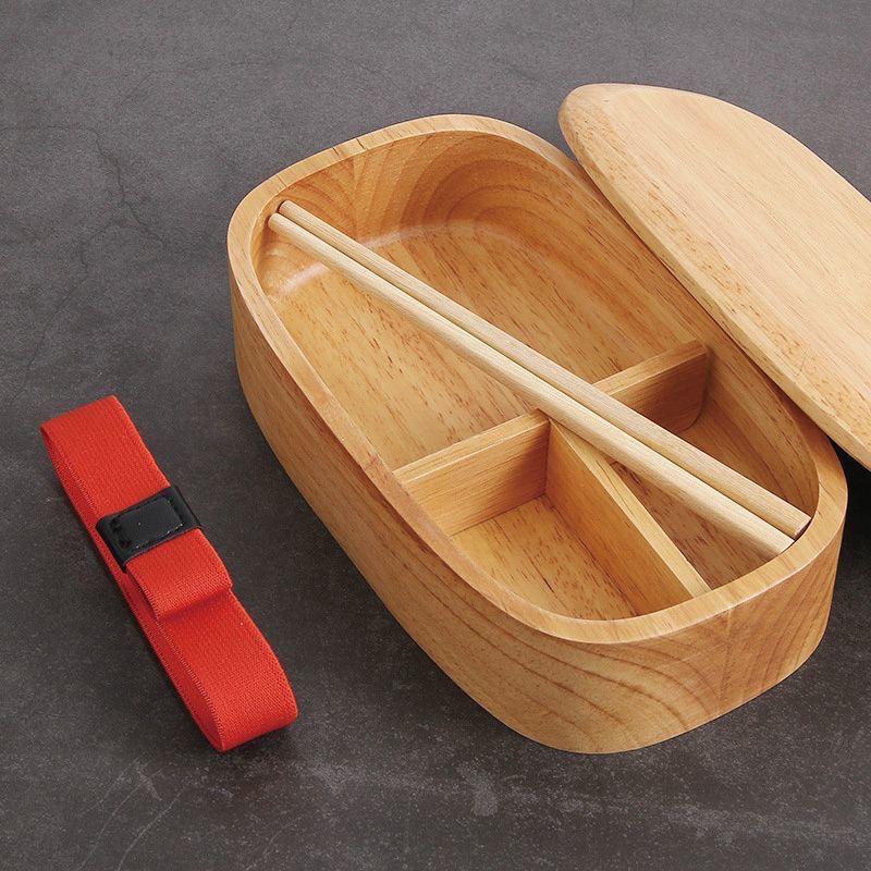 Natural Wood Three-Compartment Bento Box with Chopsticks and Red Strap